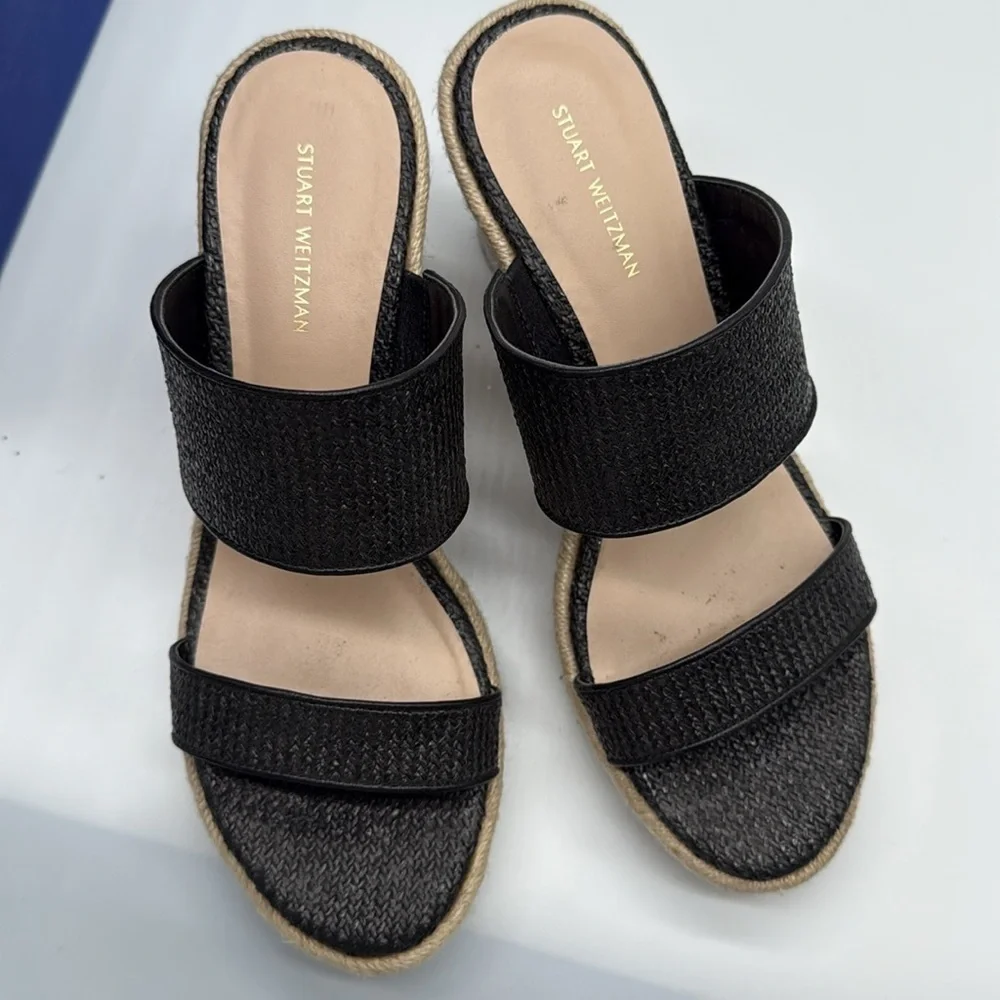 Stuart Weitzman Mykonos Two-Strap Wedge Sandals Herringbone Raffia & Black 38.5 - Picture 11 of 12